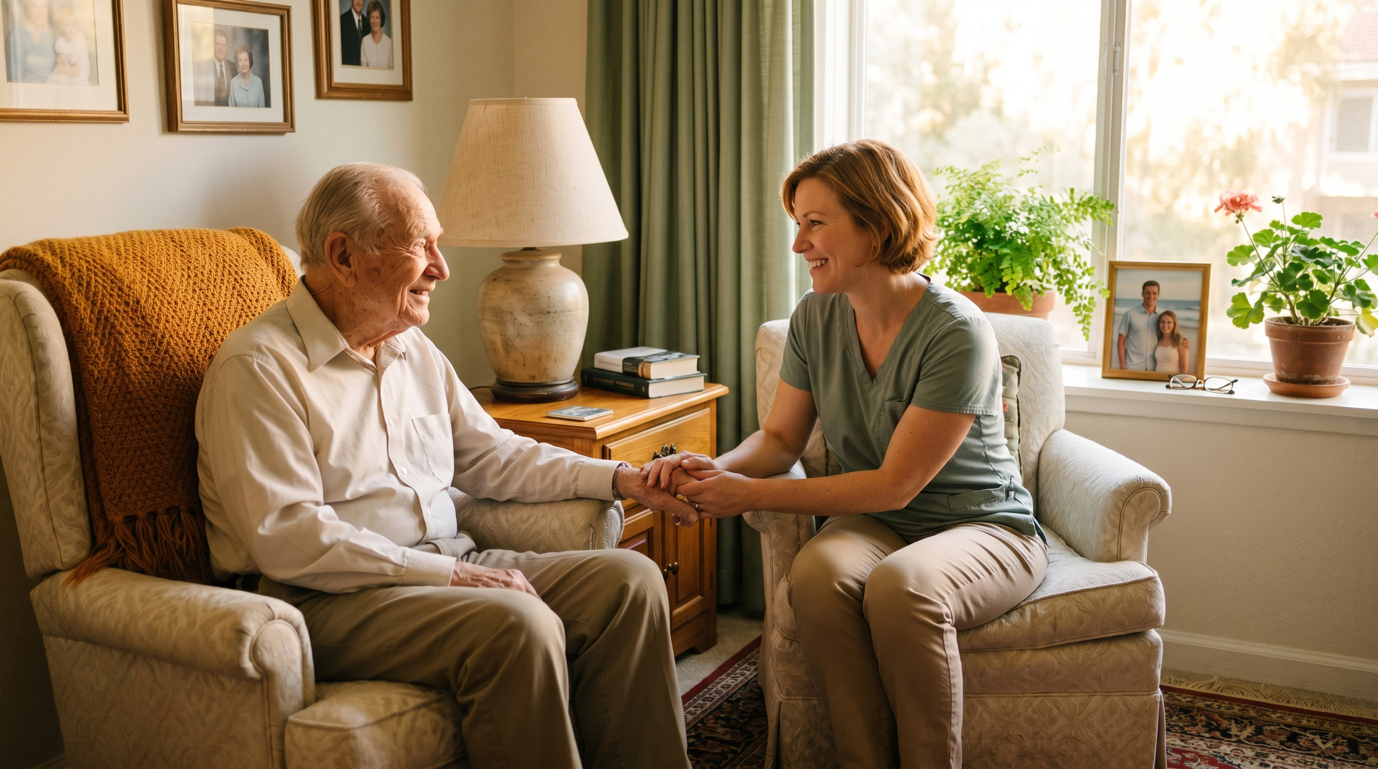 Family member holding hands with elderly parent